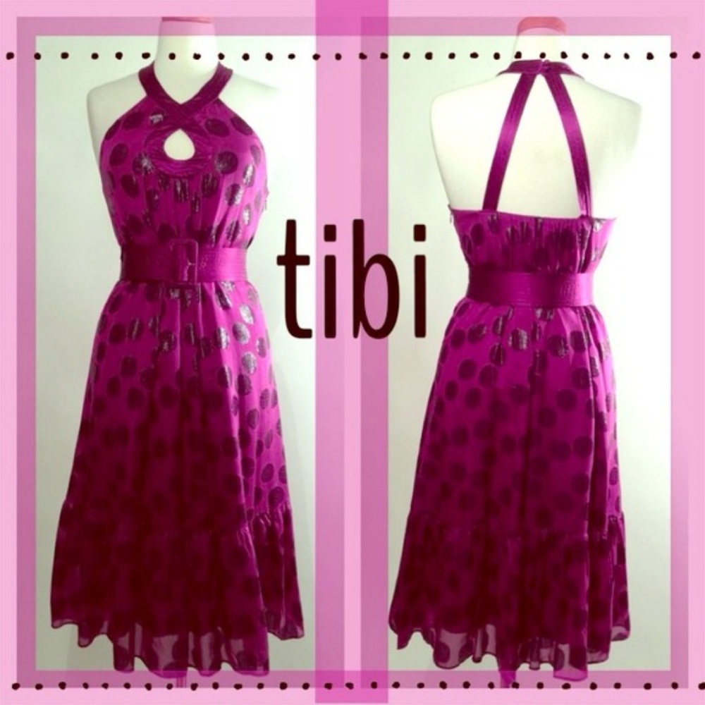 Tibi New York Purple Belted Polkadot Midi Dress - Picture 1 of 8